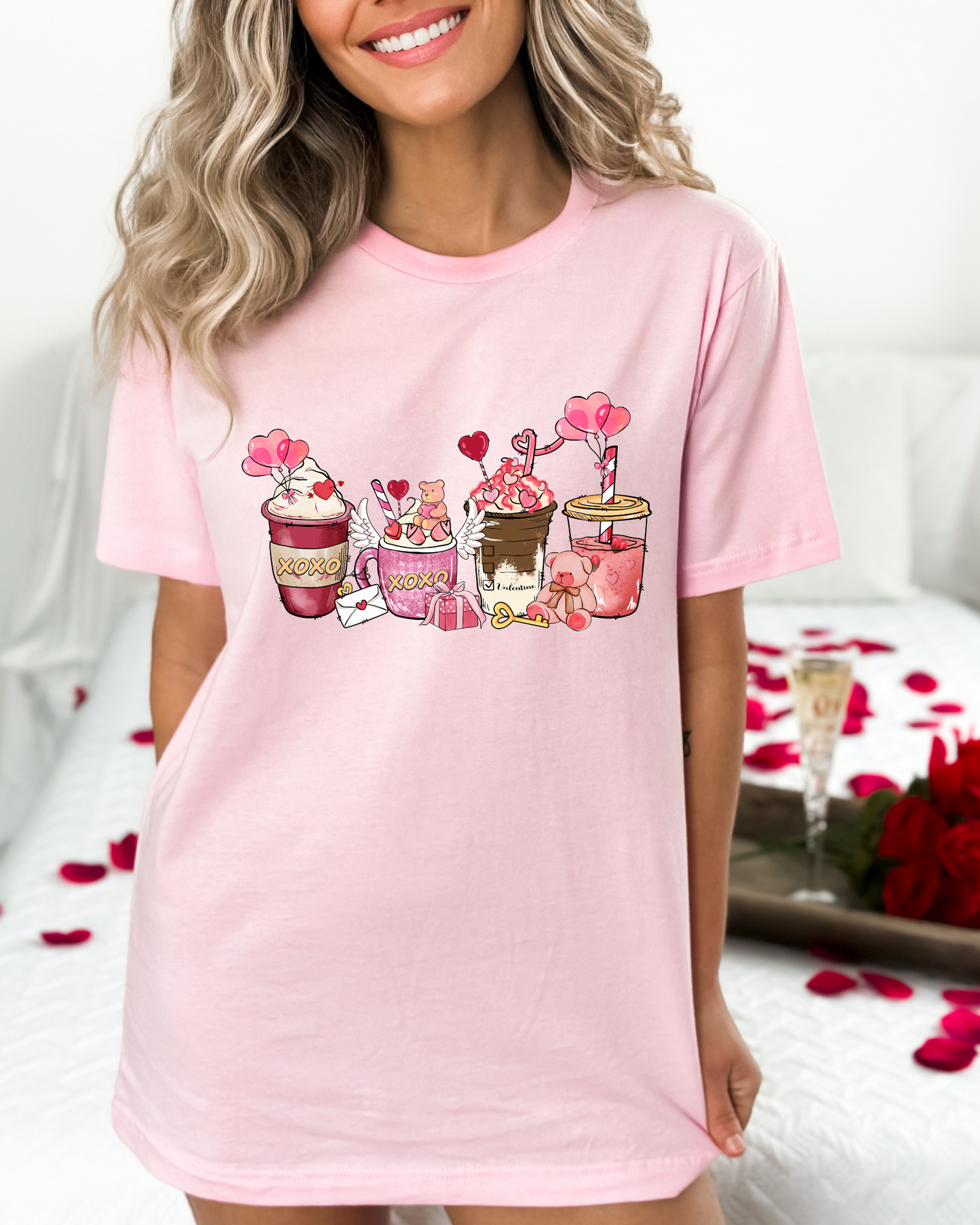 Pink Drink Coffee Cup XOXO Tee Shirt, Valentines Love Coffee Shirt, Coffee Lover Vday Shirt